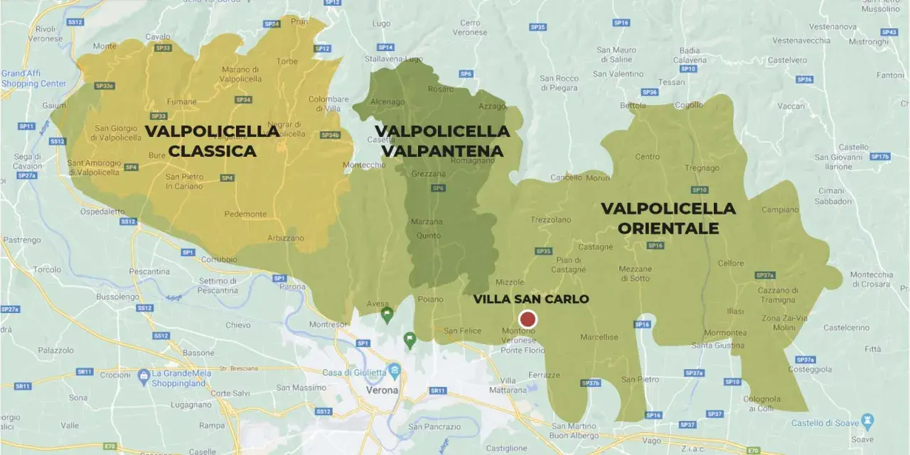Regione di origine dell'Amarone: Valpolicella Classica, Valpantena e Valpolicella Orientale.