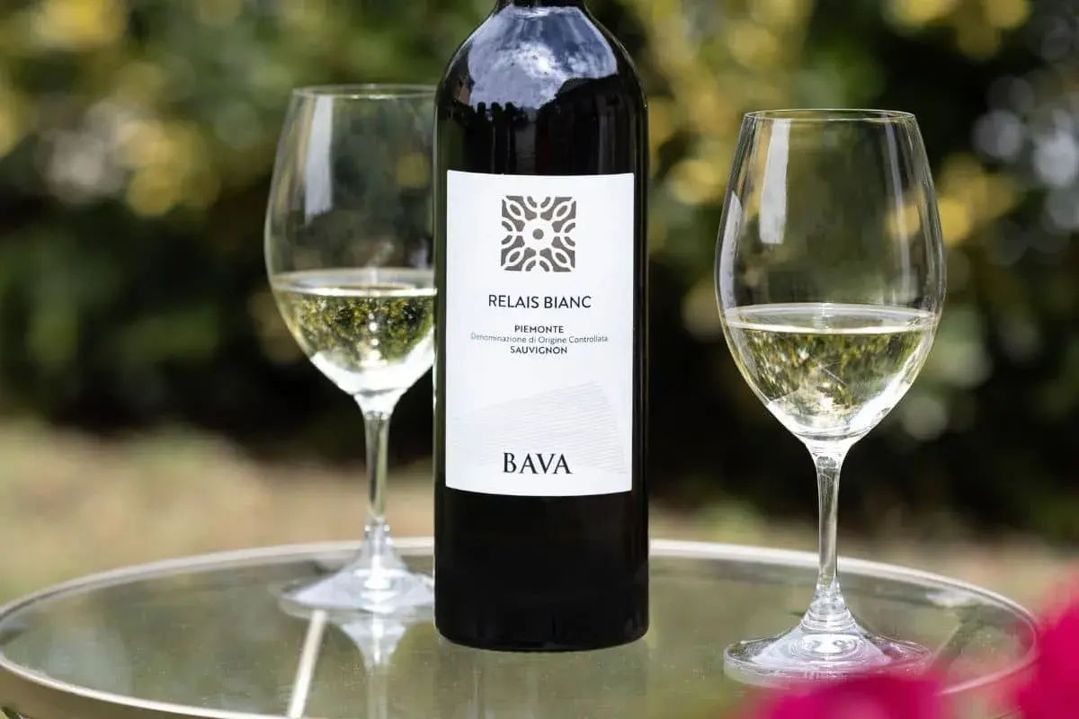 BOTTIGLIA E DUE CALICI DI SAUVIGNON BLANC BAVA. Perfetto per scoprire i migliori sauvignon blanc abbinamenti con pesce e verdure.