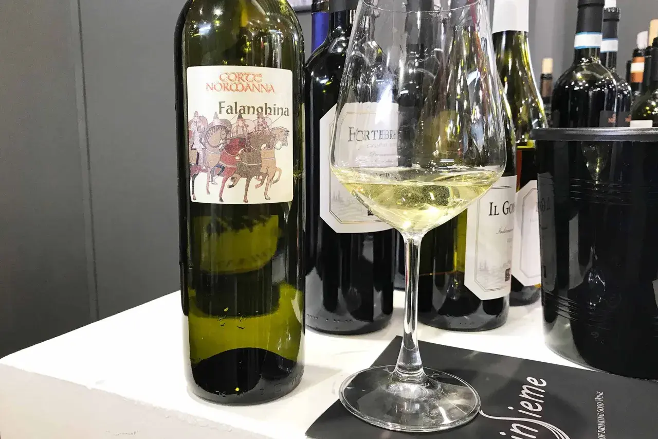 Calice di Falanghina con bottiglia e altre etichette. Perfetto per scoprire i falanghina abbinamenti con piatti di pesce e formaggi freschi.