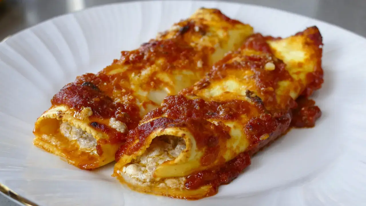 Due cannelloni ripieni, ricoperti di sugo rosso e formaggio, pronti per essere gustati.