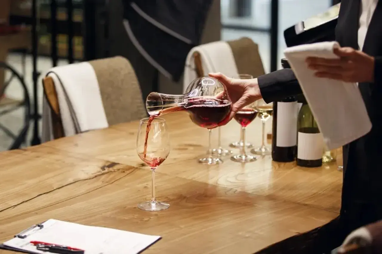 Un sommelier versa il vino rosso in un bicchiere, mostrando cosa fa un sommelier: un'arte di degustazione e servizio.