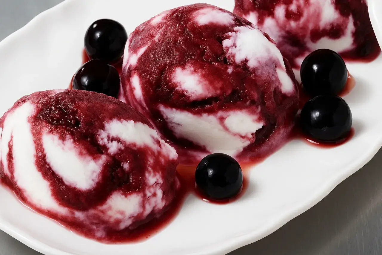 Delizioso gelato al vino con striature rosse e bianche, guarnito con ciliegie scure su un piatto bianco.