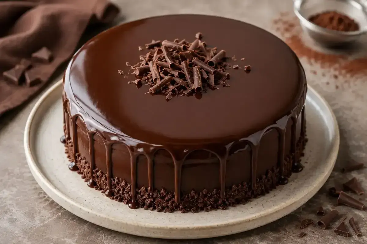 Torta al cioccolato con glassa a specchio facile, decorata con riccioli di cioccolato e briciole croccanti.
