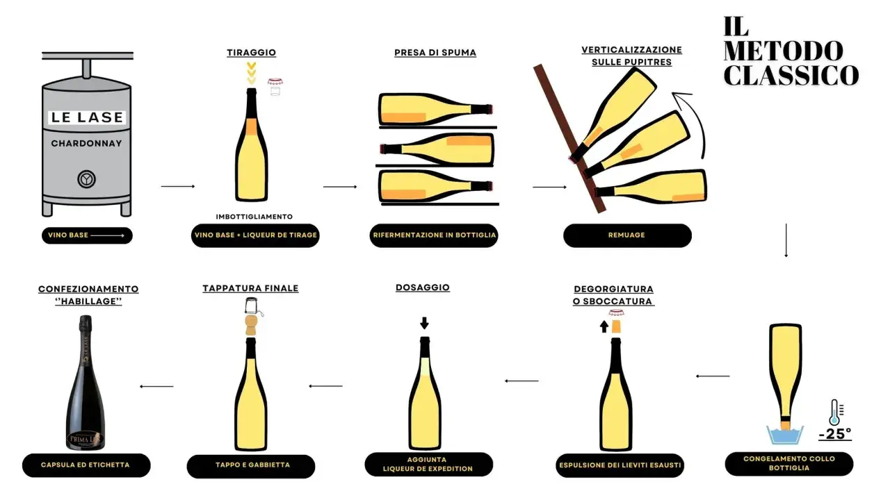 Illustrazione del processo di produzione degli spumanti più pregiati con il Metodo Classico: dal vino base all'imbottigliamento, rifermentazione, remuage, degorgiatura e confezionamento.