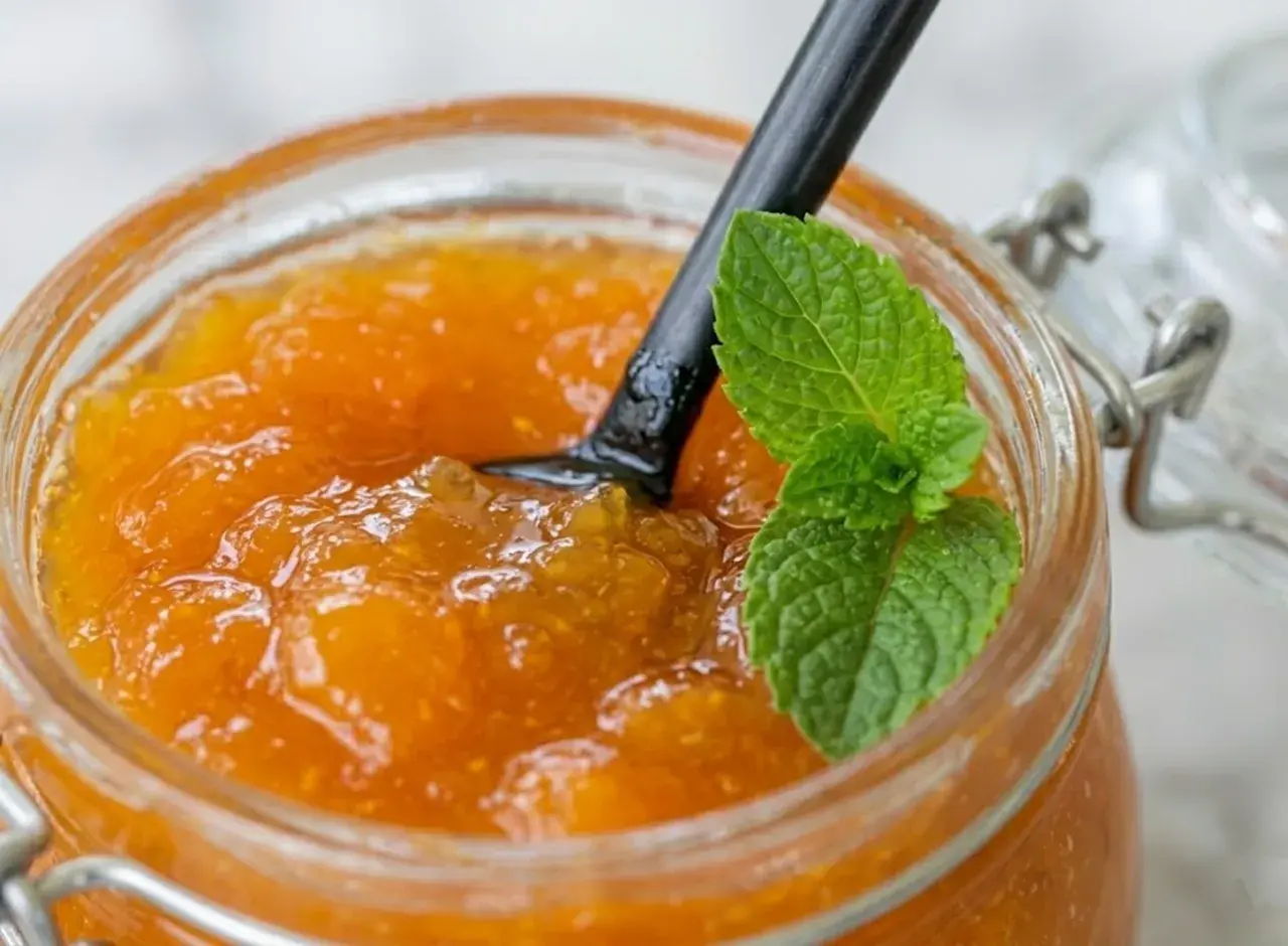 Vasetto di vetro pieno di marmellata di albicocche fatta in casa, con un cucchiaio nero e una fogliolina di menta fresca.