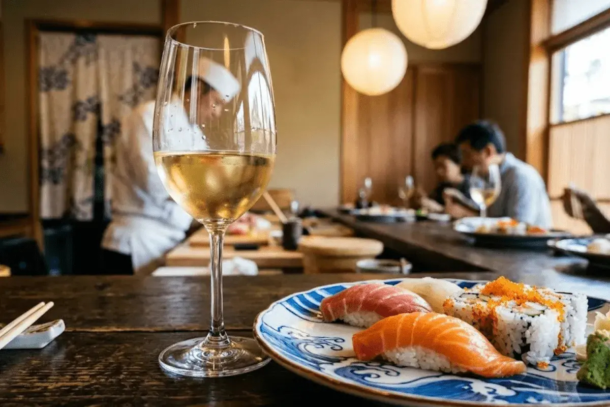 Un bicchiere di vino bianco accanto a un piatto di sushi misto, con chef e clienti sullo sfondo. Un perfetto abbinamento vino sushi per una cena raffinata.