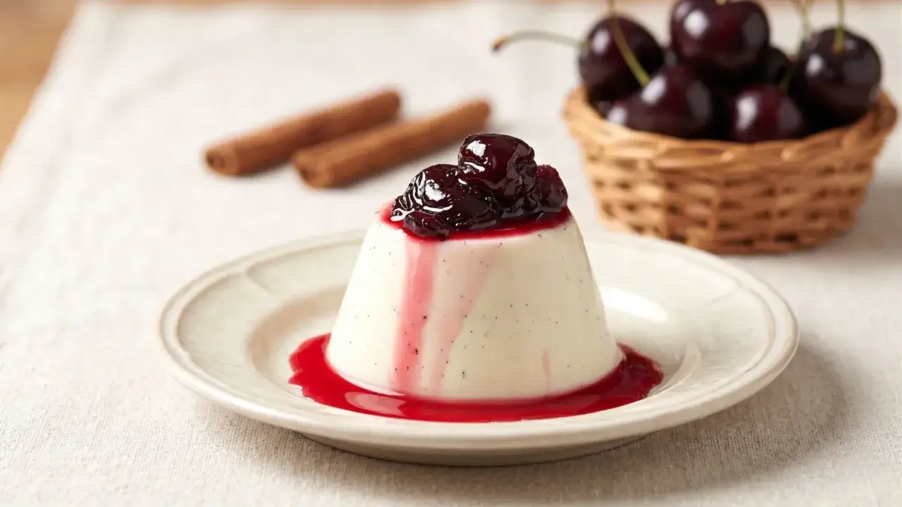 Deliziosa panna cotta con topping di ciliegie sciroppate e salsa rossa, su un piatto bianco. Sullo sfondo, un cestino di ciliegie e bastoncini di cannella.