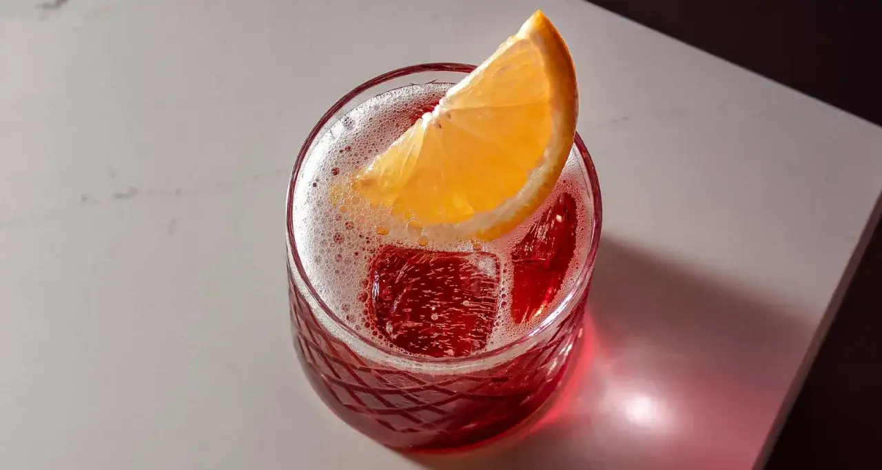 Un Negroni Sbagliato, con la sua gradazione perfetta, guarnito con una fetta d'arancia e ghiaccio, su un piano chiaro.