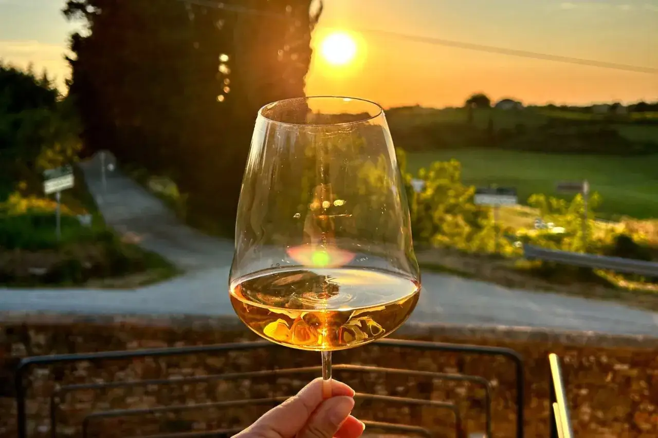 Un bicchiere di vino toscana dorato al tramonto, con colline verdi e un sole caldo sullo sfondo.