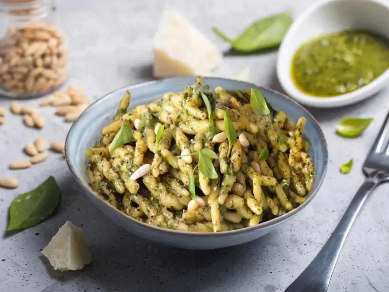 Un piatto di trofie condite con un cremoso pesto alla genovese, guarnito con pinoli e basilico fresco.