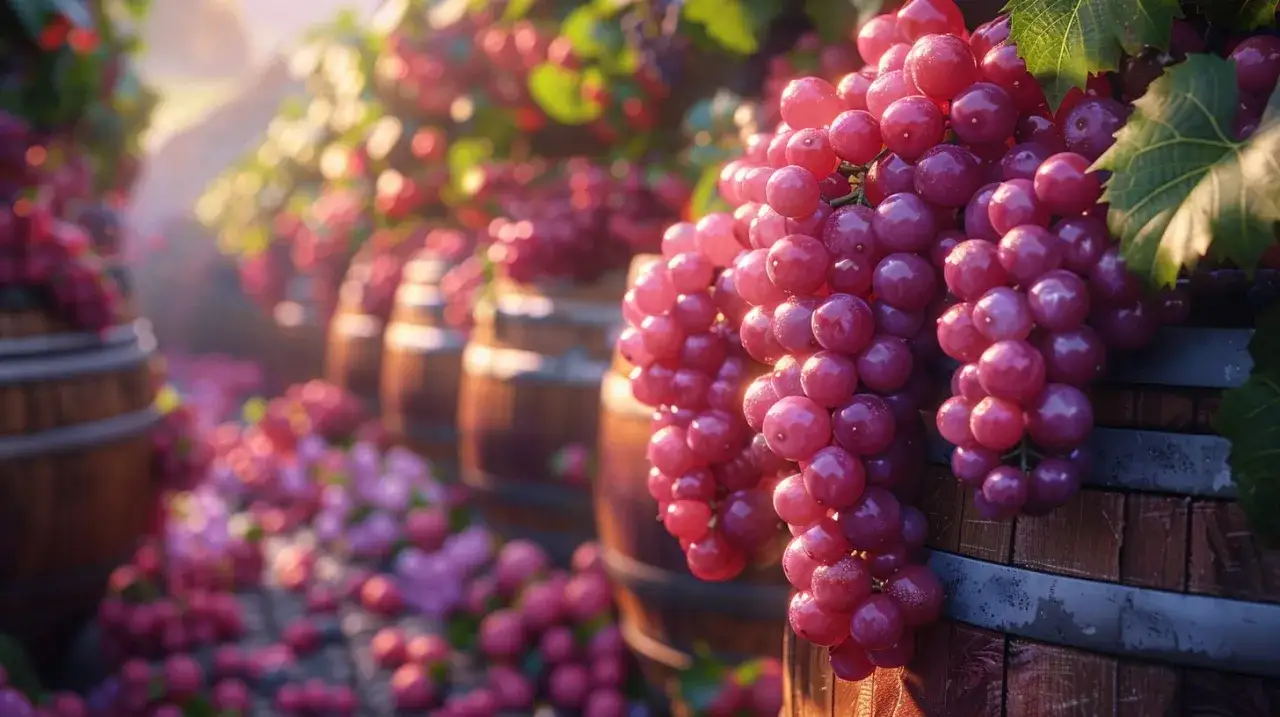 Grappoli d'uva rossa pendono da botti di legno, pronti per la vinificazione in rosato.