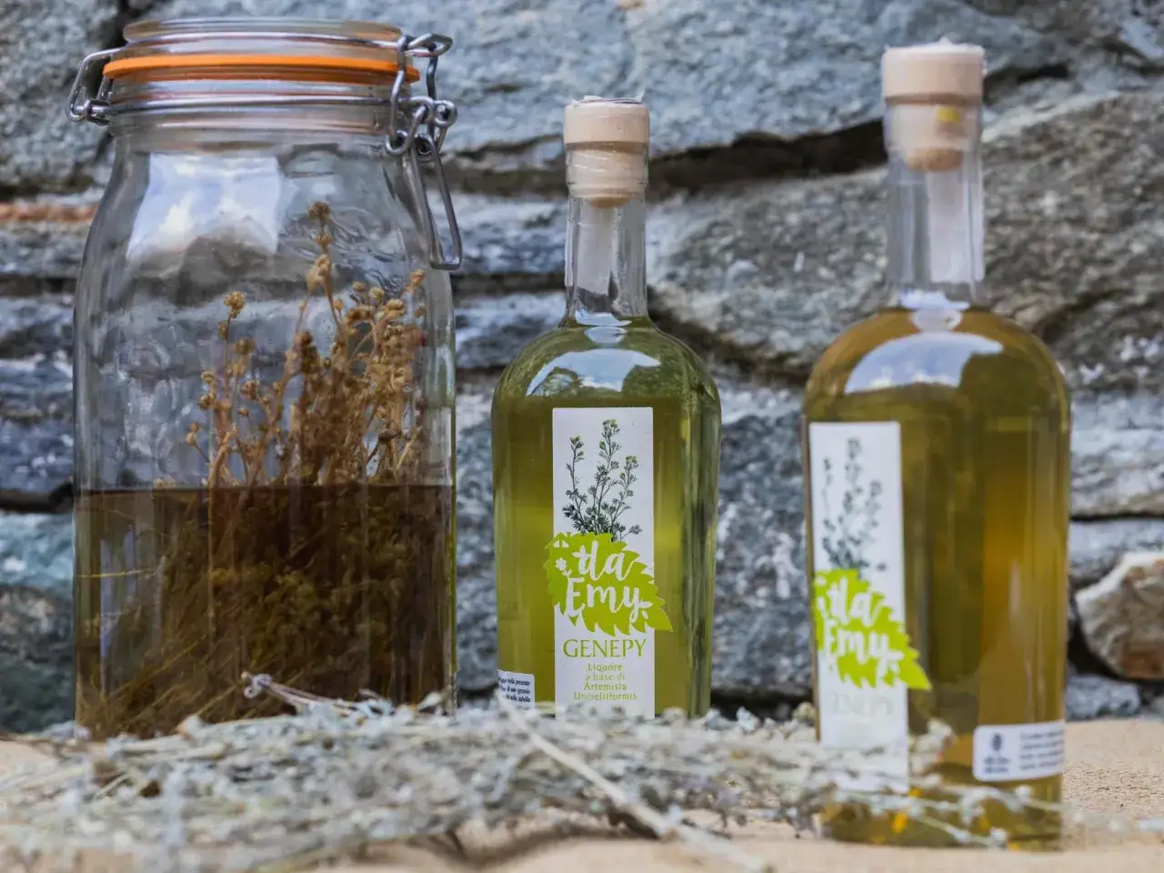 Vaso con erbe per genepy ricetta, bottiglie di liquore genepy artigianale.