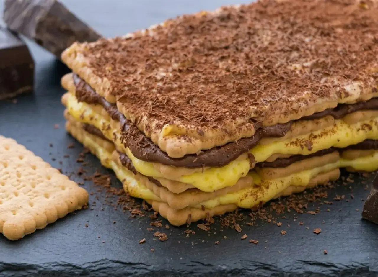 Strati di biscotti alternati a crema pasticcera e cioccolato, spolverati di cacao. Un delizioso dolce, la zuppa inglese, pronto per essere gustato.