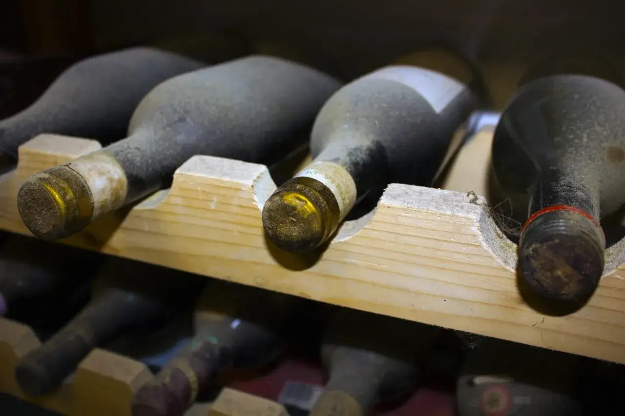Bottiglie di vino rosso impolverate in una cantina, un esempio di come conservare il vino rosso per un invecchiamento ottimale.